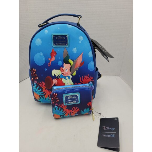 Loungefly Disney Pinocchio Mini Backpack Bag Underwater With Wallet NEW main image 10